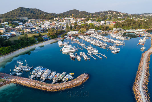 Aerial view over Nelson Bay Marina