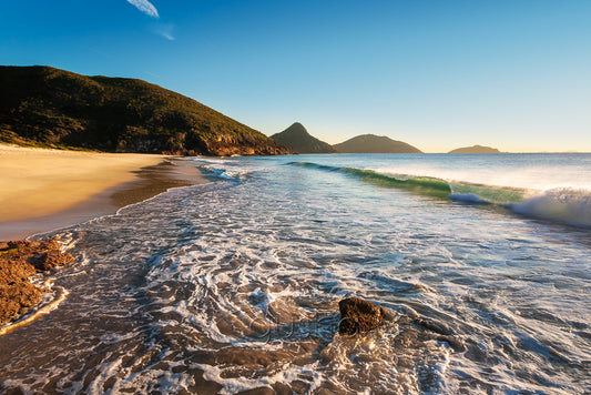 A morning photo of the seashore at Box Beach, Port Stephens